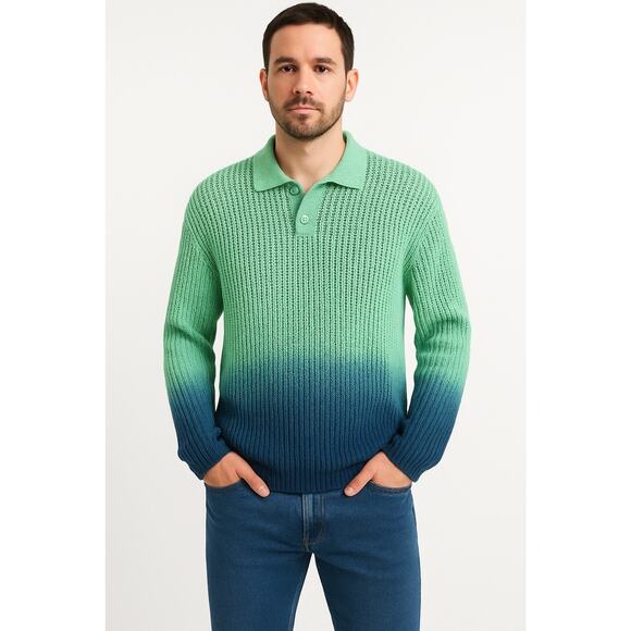 ZARA Mens Knit Polo Sweater XL Green Blue Ombre Cotton Mesh Gradient Pullover - Picture 1 of 11
